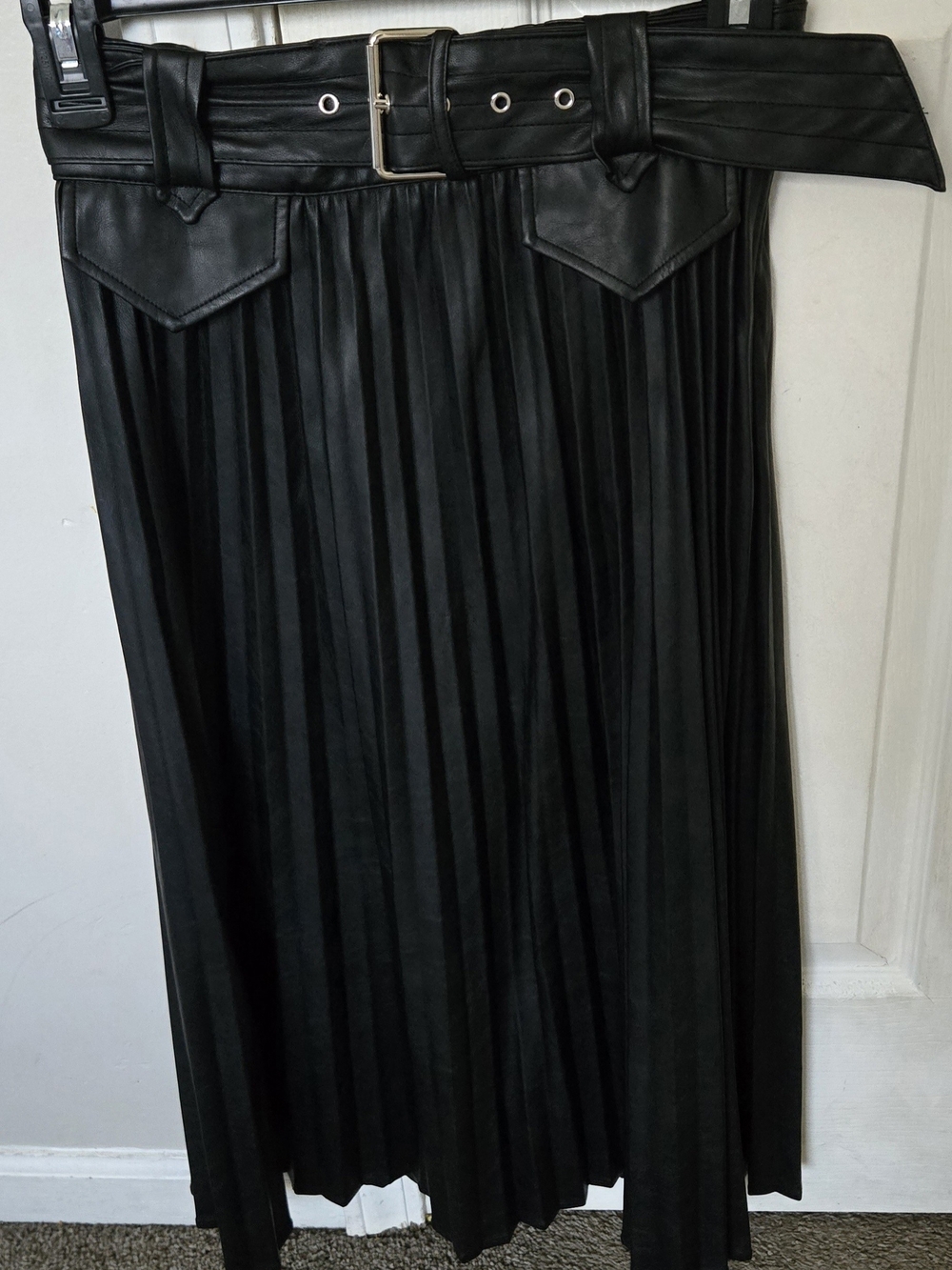 Express Black Faux Leather Pleated Midi Skirt with Belt
